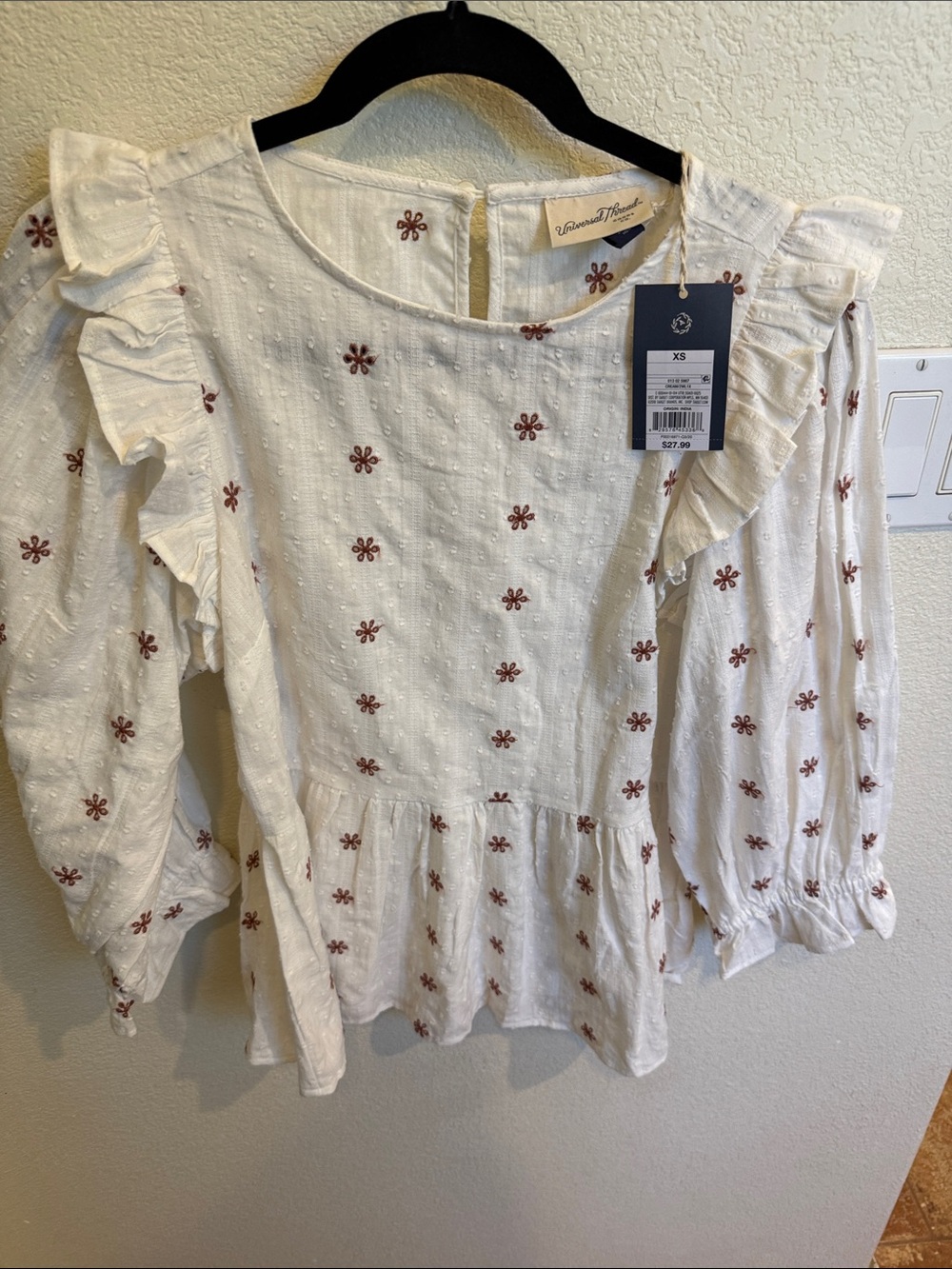 Universal Thread White Peplum Blouse with Rust Floral Dots